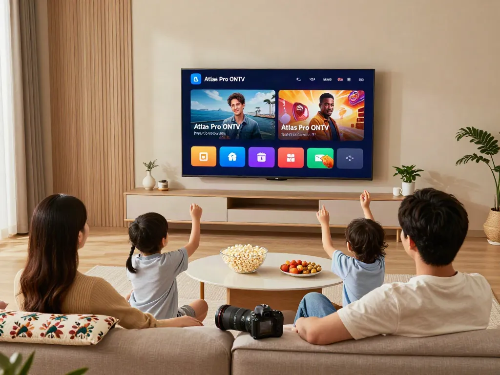Famille profitant de l'application Atlas Pro ONTV dans un salon moderne et chaleureux.