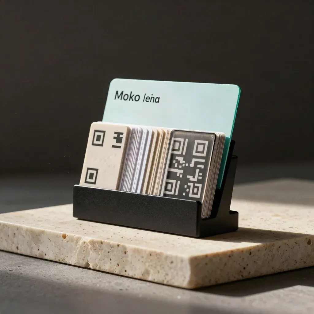 Kit de lancement Moko Link sur travertin, cartes QR et support bio sous une lumière dramatique.