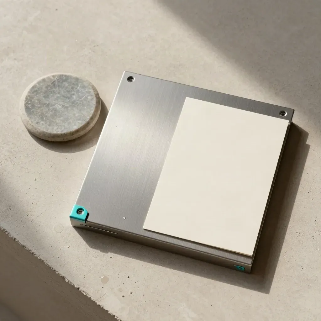 Chevalet QR en métal brossé, sous-verre minéral et carte pliée sur pierre humide.
