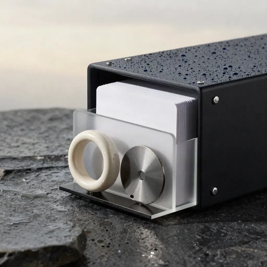 Coffret modulaire noir sur pierre mouillée, anneau QR, disque domaine et bloc verre fumé.