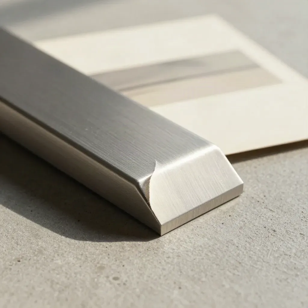 Gros plan d’une plaque de lien en aluminium, ruban papier et attache sur béton clair.