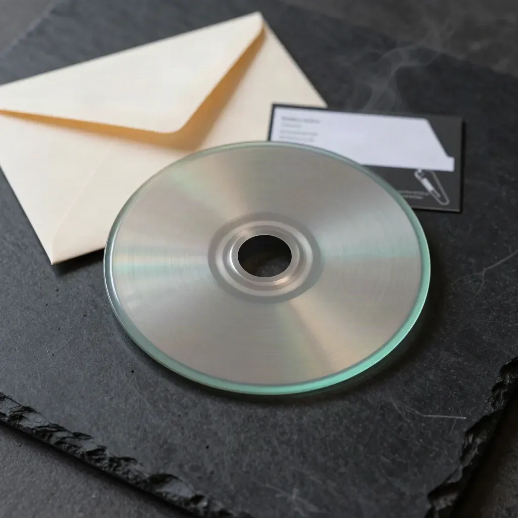 Disque de domaine en acier brossé, enveloppe scellée et vapeur douce sur fond sombre.