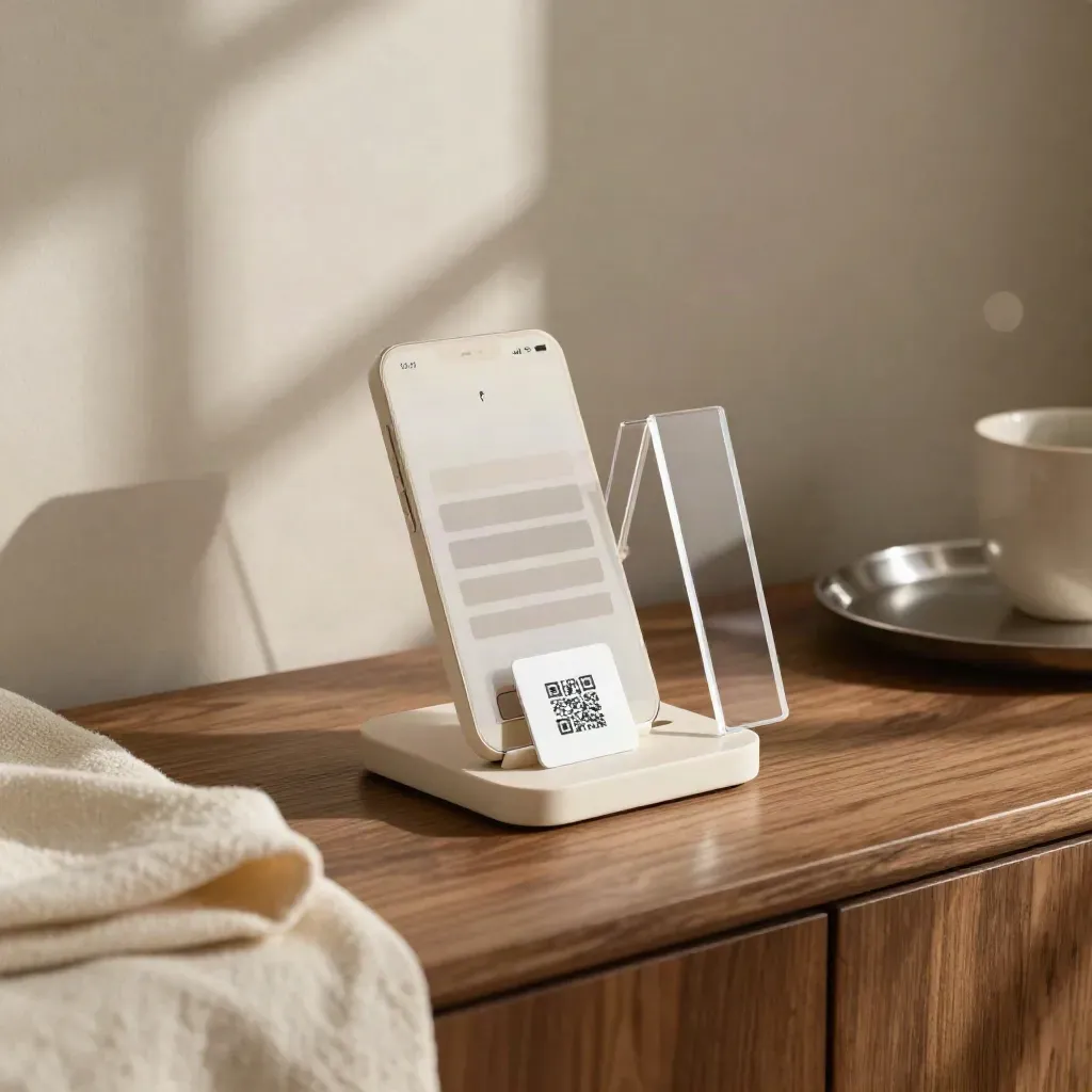 Carte bio Instagram en acrylique, support téléphone, tuile QR, lumière de fenêtre.