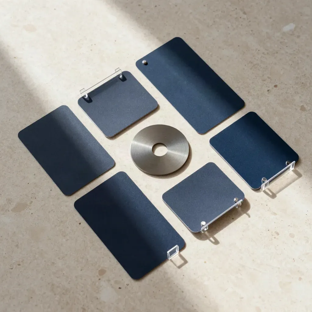 Flatlay d’un pack créateur avec cartes, disque lien et entretoises transparentes sur pierre claire.