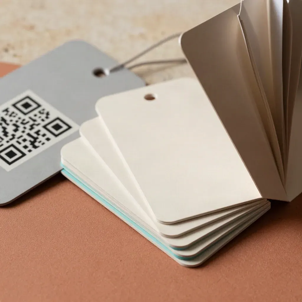Kit campagne Soldes en macro, cartes brillantes en éventail, support QR et sleeve pliée sur terre cuite.