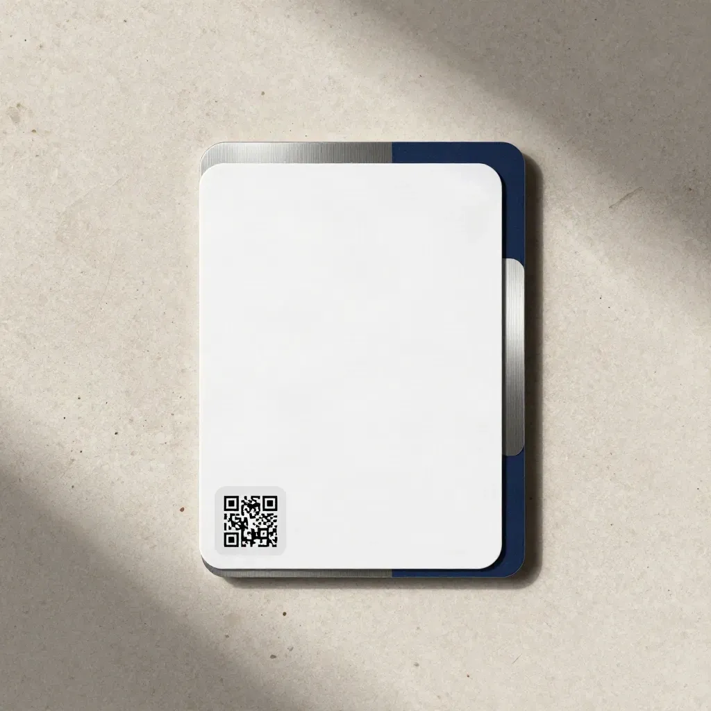 Vue zénithale d’une carte blanche de démarrage, tuile QR et séparateur fin sur travertin.