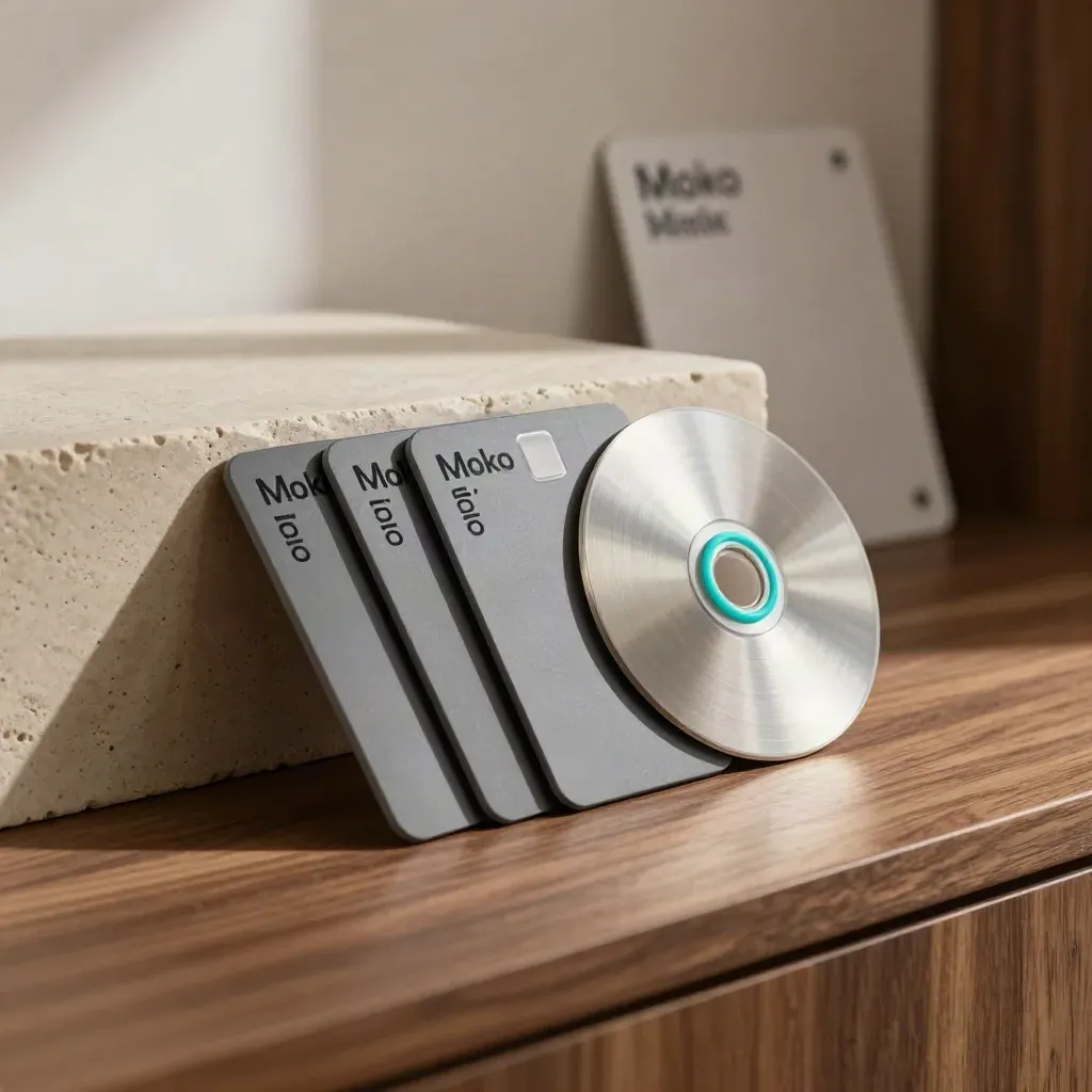Cartes Pro Moko Link avec disque domaine et puce de suivi dans une lumière douce.