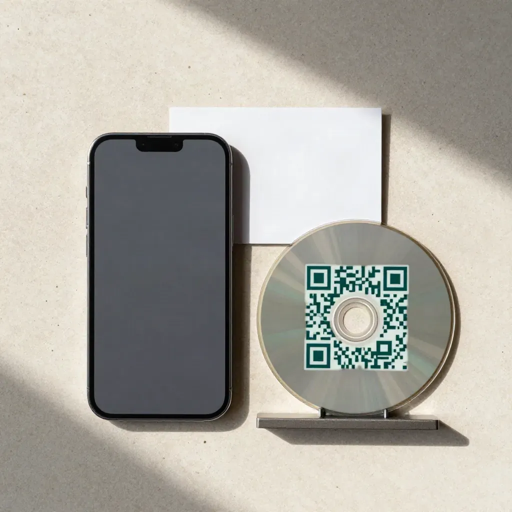 Vue du dessus d’un kit bio page mobile-first avec téléphone, carte, disque QR et support fin sur pierre claire.