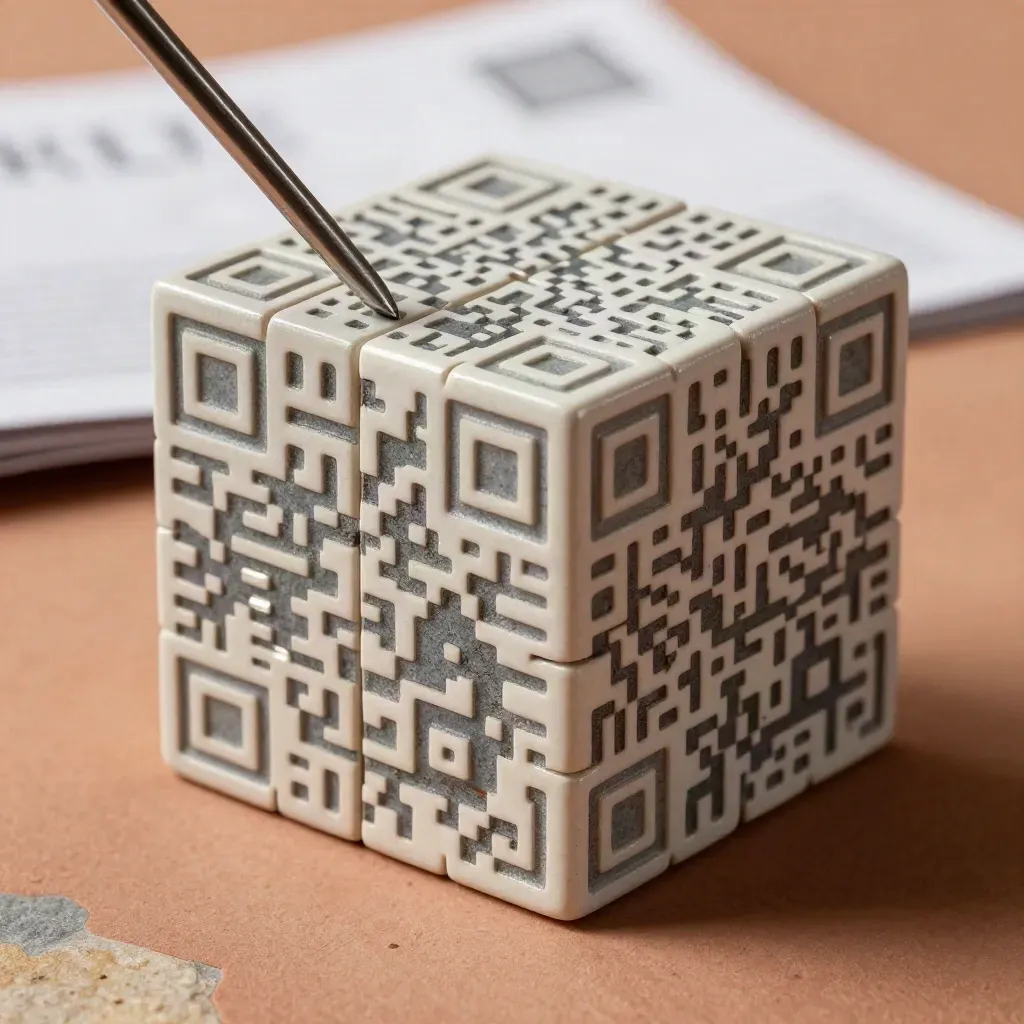 Gros plan d’un cube sculptural de petits carrés QR sur plâtre terracotta, lumière rasante.