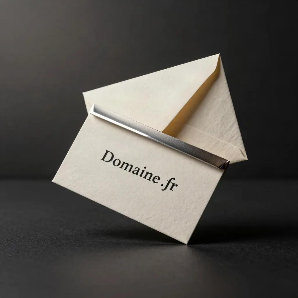 Carte Domaine .fr, enveloppe scellée et languette métal sur fond noir dramatique.