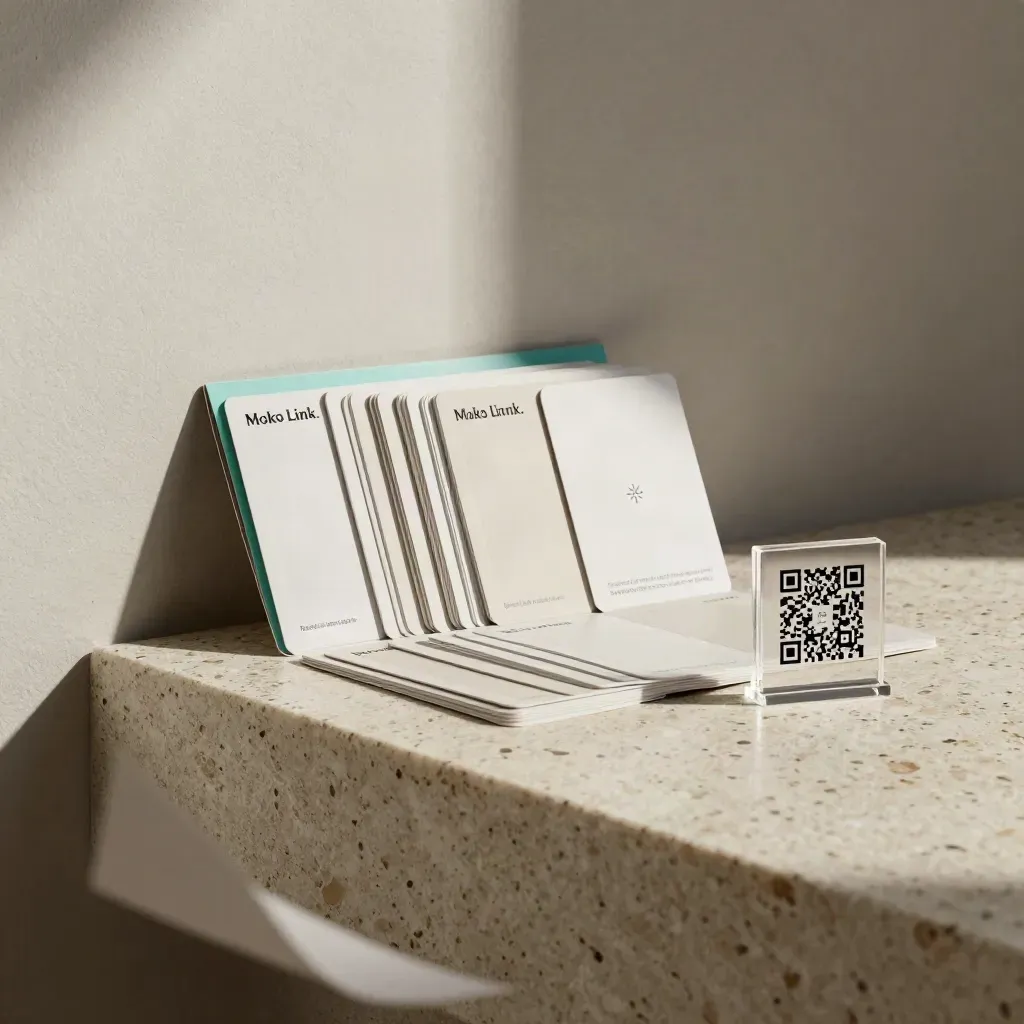 Pack promo saison Moko Link sur travertin, sleeve ouvert, cartes et support QR, lumière douce.