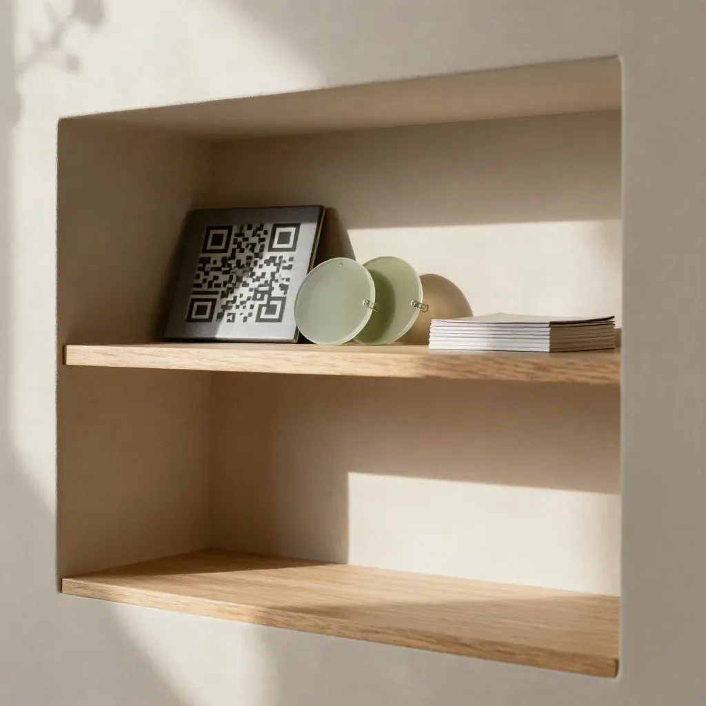 Niche intérieure en chêne clair, plaques et QR abstrait dans la lumière.