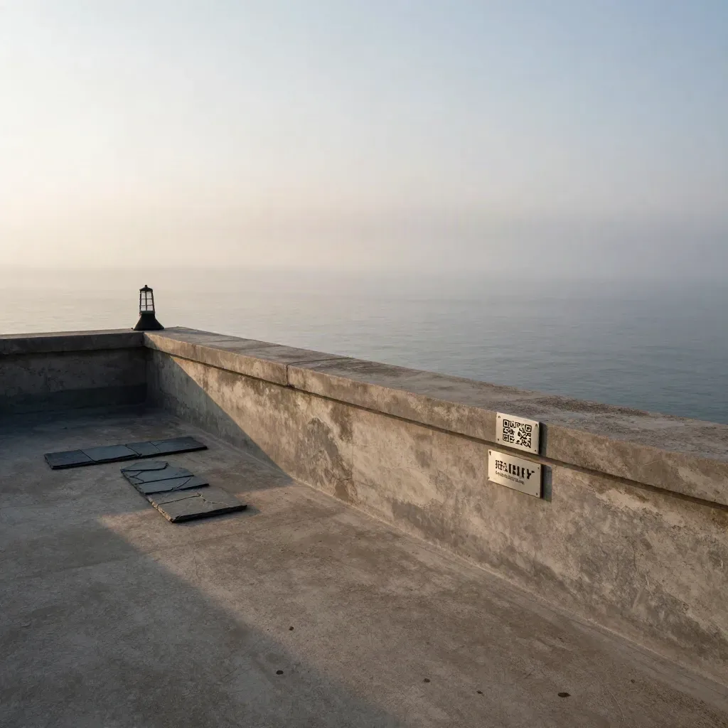 Toit-terrasse en béton au-dessus d’une mer brumeuse, ombre longue et horizon lointain.