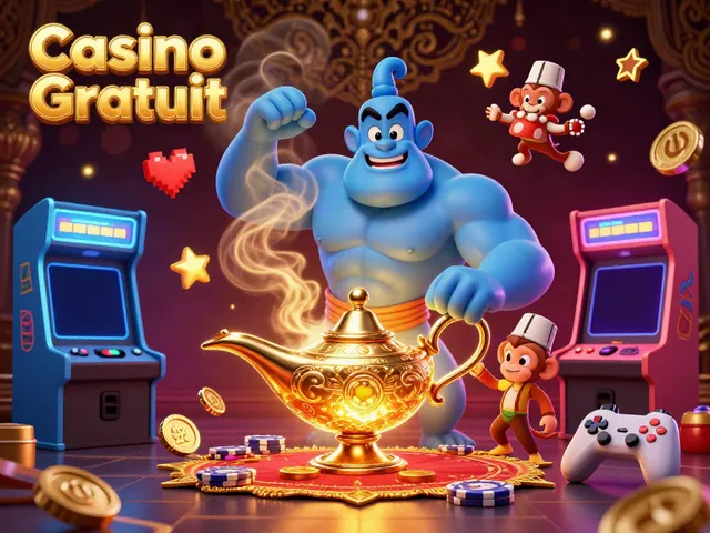 Illustration dynamique de Casino Gratuit avec un génie bleu et des éléments de jeu de casino.